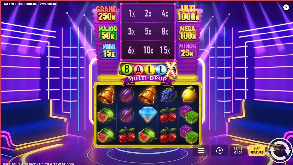 Ball X Multi-Drop slot neon game screen