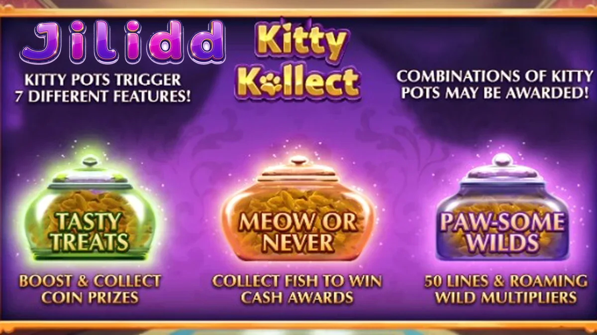 Makulay na interface ng slot game na Kitty Kollect na may mga simbolo ng pusa