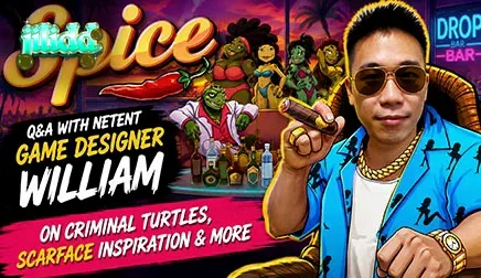 Isang makulay na screen ng slot game na Spice na nagpapakita ng mga karakter na pagong sa isang tropikal na setting.
